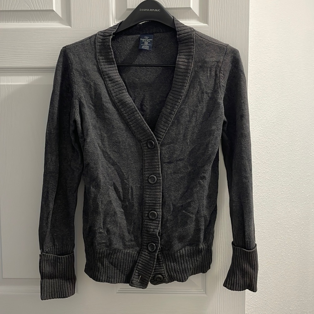 Grey 100% Cotton Button Down V-Neck Cardigan Sweater Size S